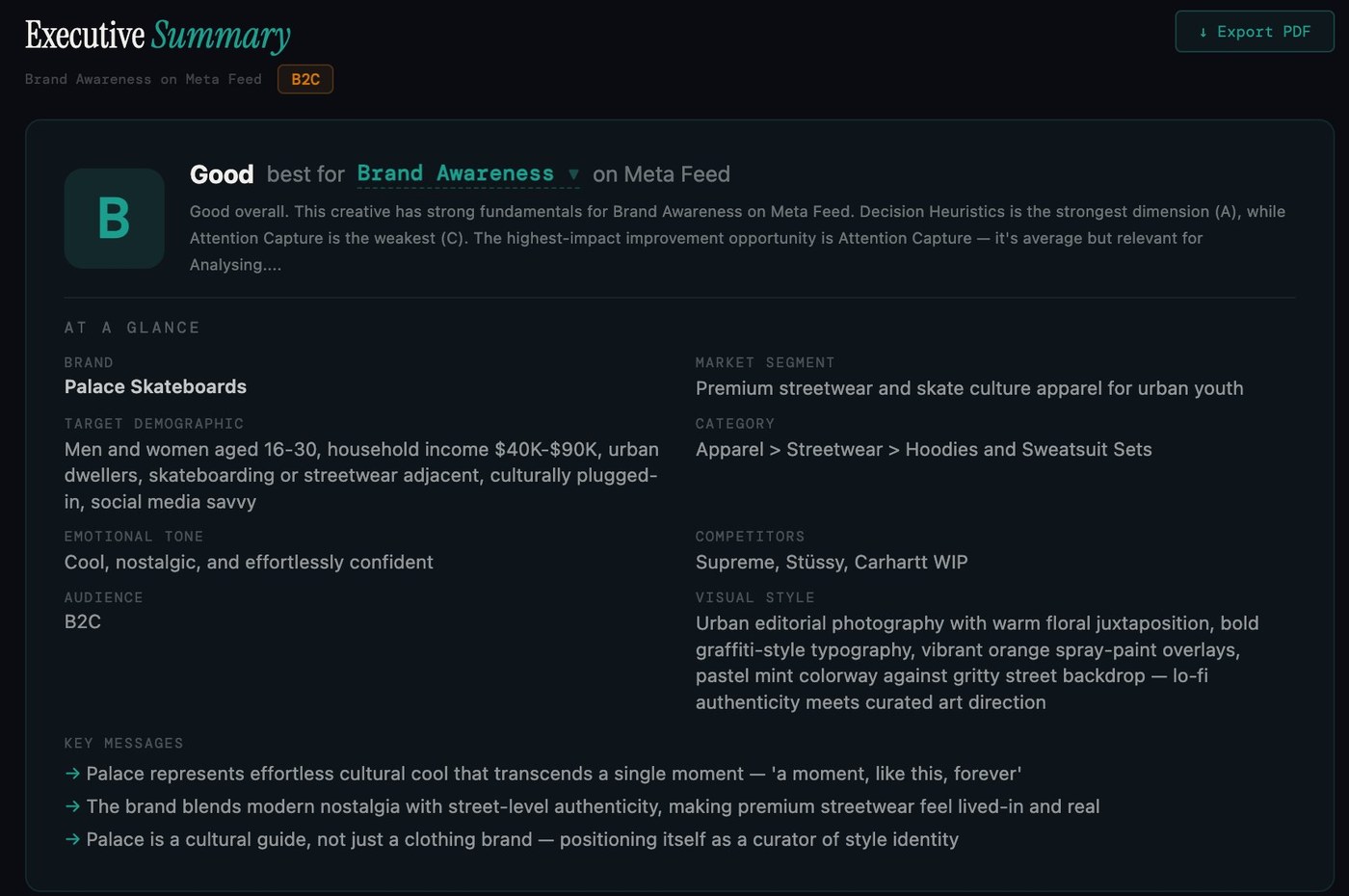 Apertur Executive Summary panel showing brand identification, audience demographics, market segment, emotional tone, competitors, visual style, and key messages for a Palace Skateboards ad